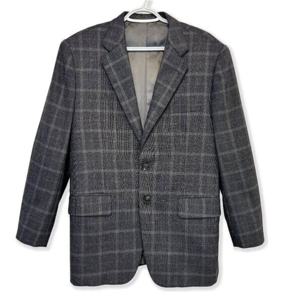 Vintage 80s 100% Wool Grey Plaid Blazer Maxwell’s Clothiers Hand-Tailored Jacket - Picture 1 of 10